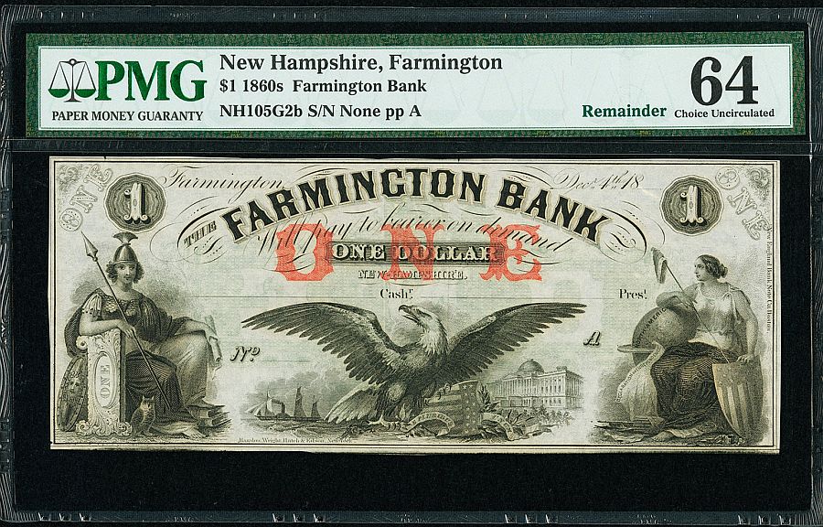 Farmington, NH, Farmington Bank $1, 1860s Remainder, vChCU, PMG-64